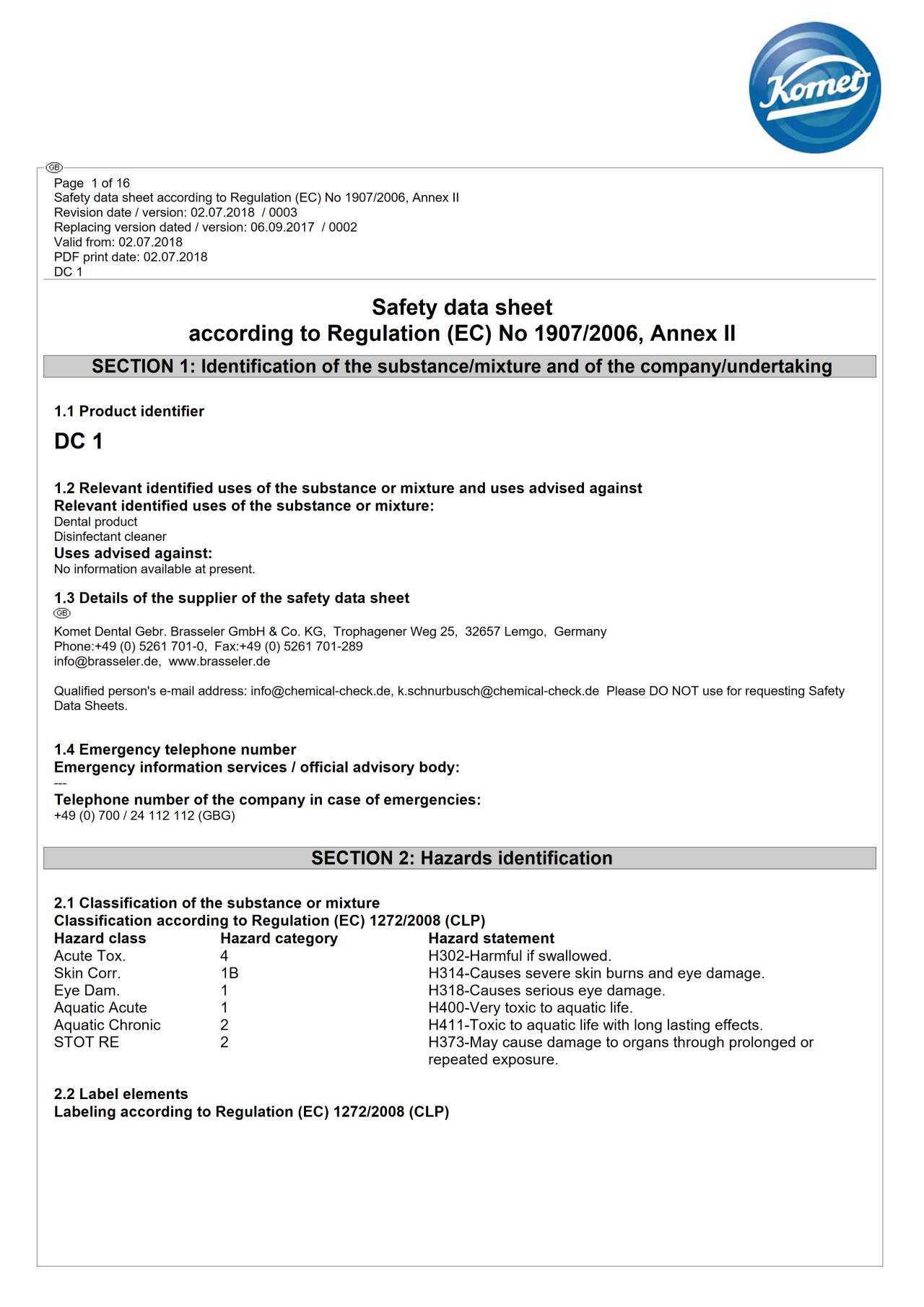 Safety data sheet DC1 › Komet Dental