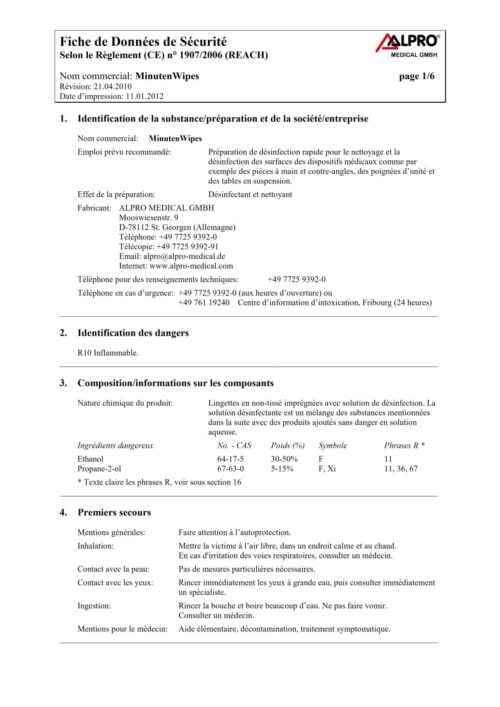 Fiche de données de sécurité | MinutenWipes