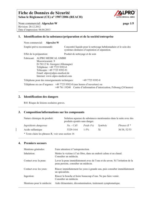 Fiche de données de sécurité | AlproJet-W