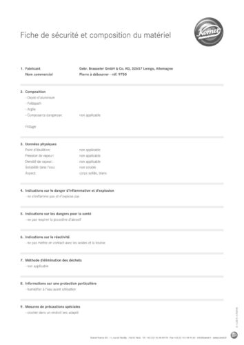 Fiche de sécurité et composition du matériel | Pierre à débourrer - réf. 9750