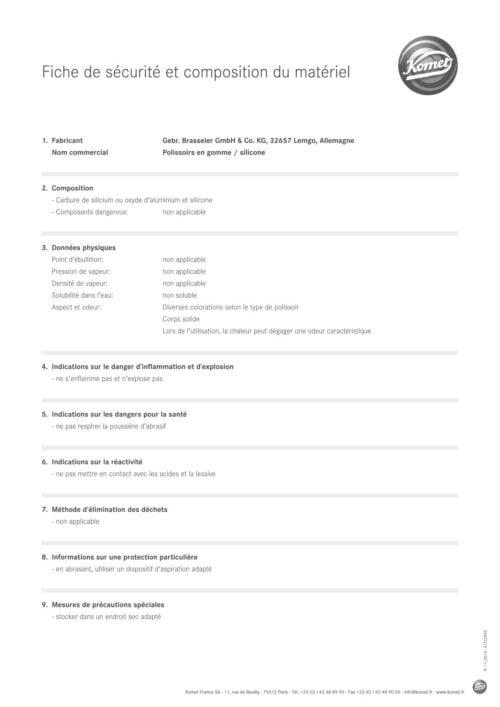 Fiche de sécurité et composition du matériel | Polissoirs en gomme / silicone
