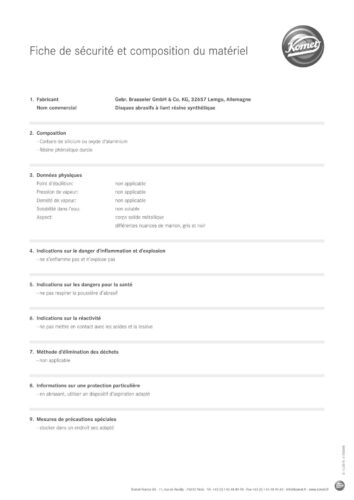 Fiche de sécurité et composition du matériel | Disques abrasifs à liant résine synthétique