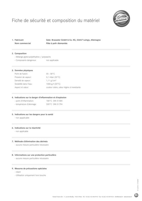 Fiche de sécurité et composition du matériel | Pâte à polir diamantée