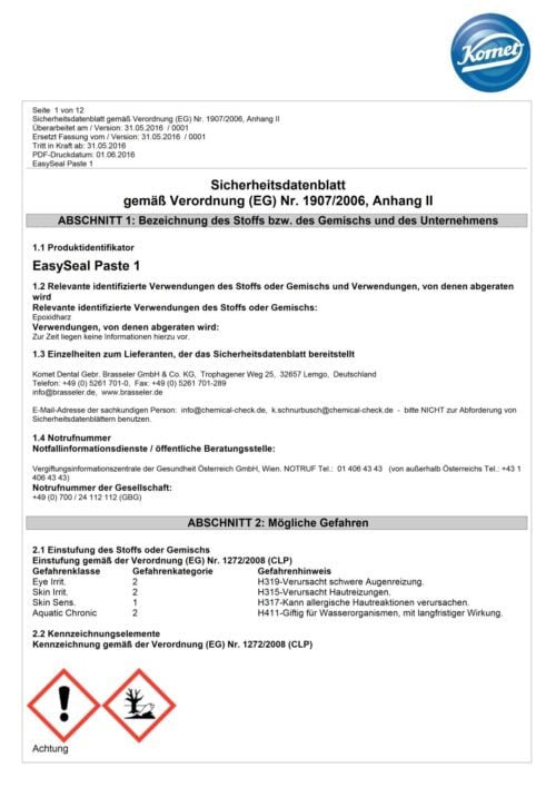 Sicherheitsdatenblatt | EasySeal Paste 1+2