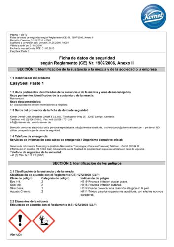 Ficha de datos de seguridad | EasySeal Paste 1+2