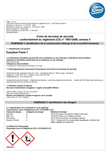 Fiche de données de sécurité | EasySeal Paste 1+2