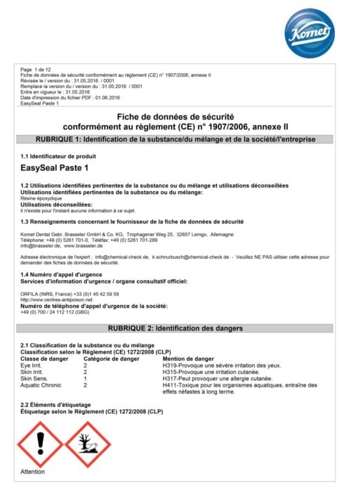 Fiche de données de sécurité | EasySeal Paste 1+2