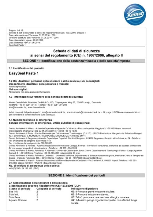 Scheda di dati di sicurezza | EasySeal Paste 1+2