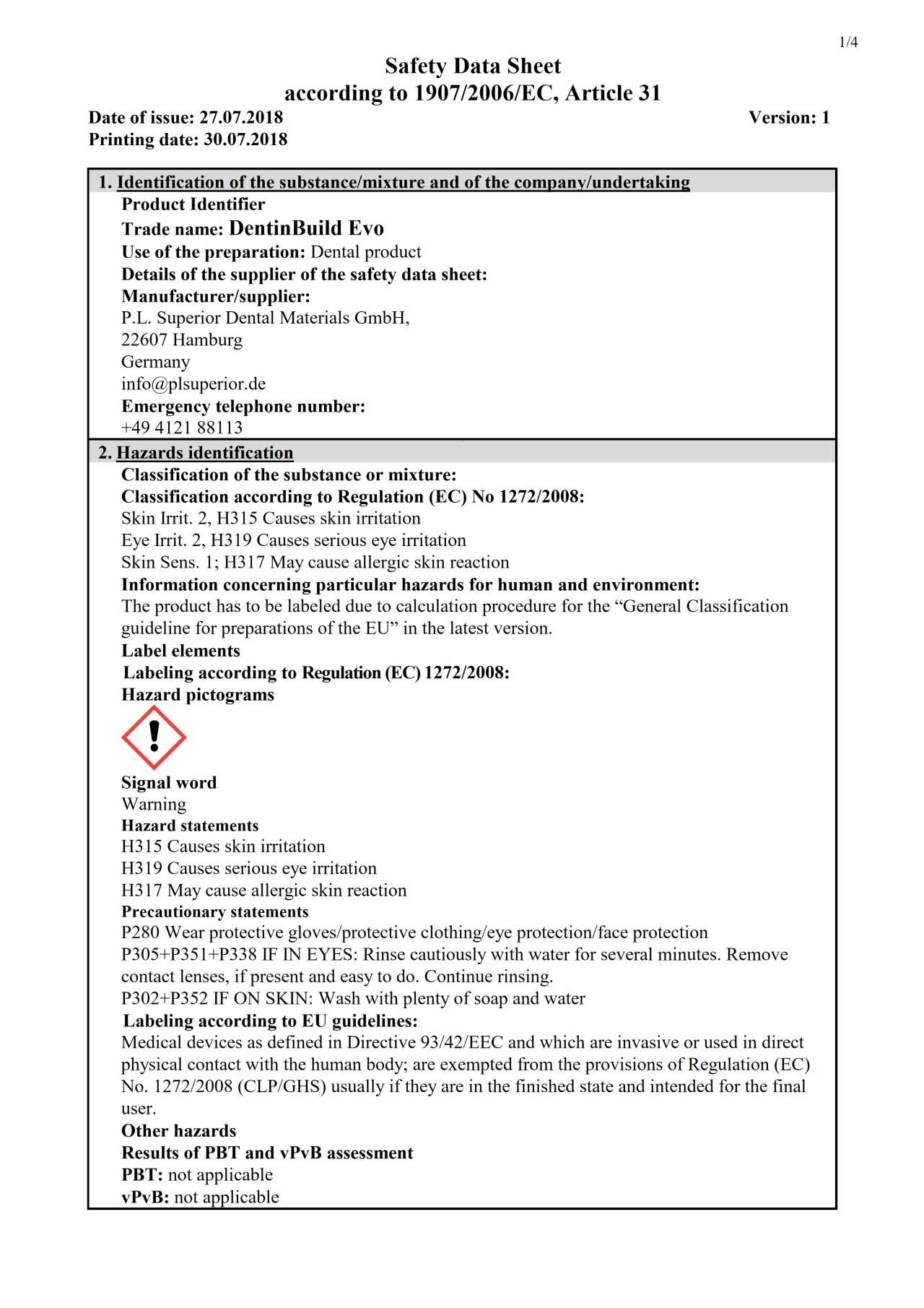Safety data sheet DentinBuild Evo › Komet Dental