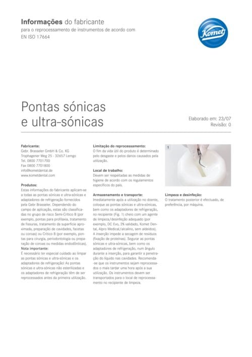 Informações do fabricante | Pontas sónicas e ultra-sónicas